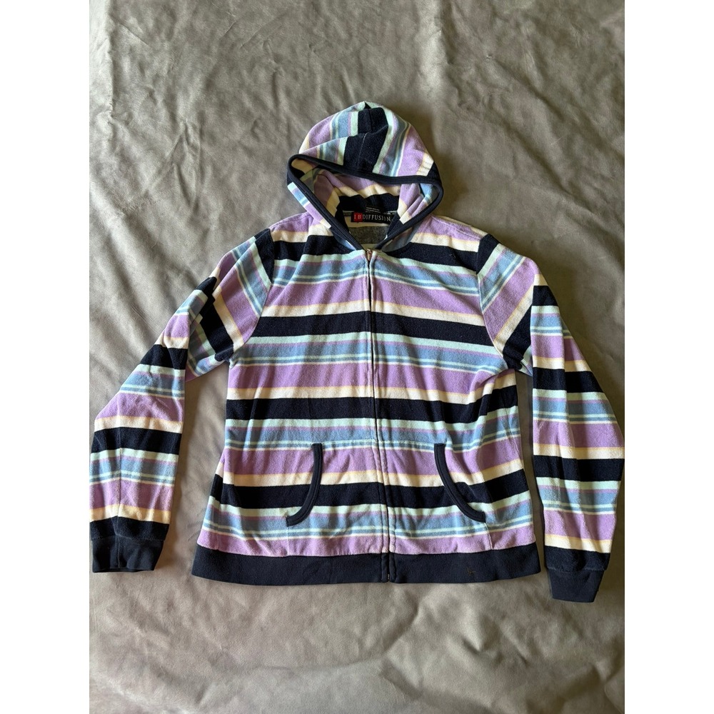 IB Diffusion Terry Cloth Striped Zip Up Hoodie Purple Blue Navy Large